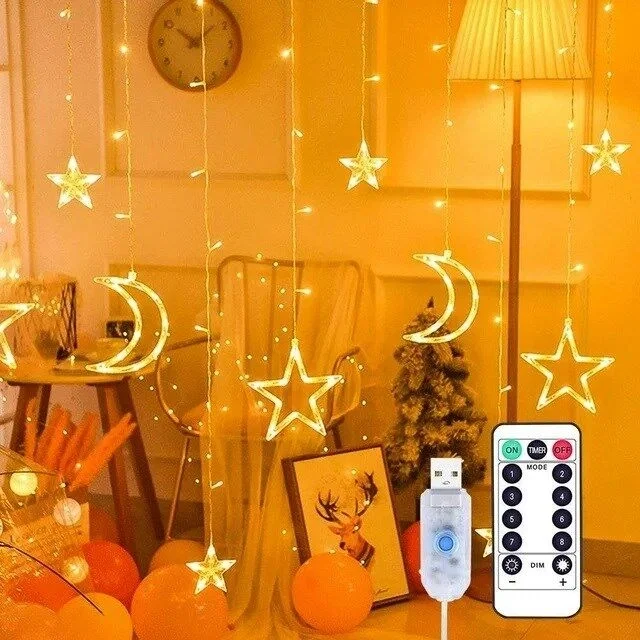 Ay ve Yıldız Figürlü Kumandalı 12 Sarkıtlı 120 LED Dekor Işık – Dekoratif Ortam ve Masaüstü Aydınlatması Ay ve Yıldız Figürlü Kumandalı 12 Sarkıtlı 120 LED Dekor Işık – Dekoratif Ortam ve Masaüstü Aydınlatması
