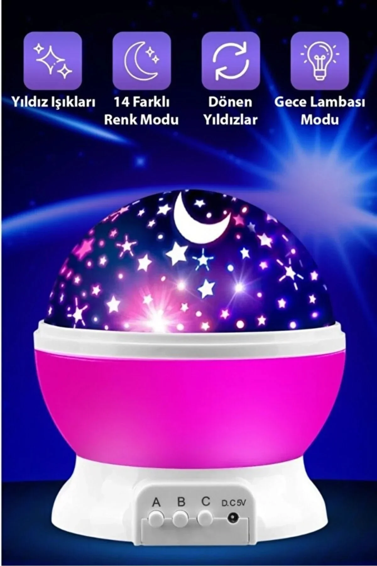 Ay ve Yıldızlı Gökyüzü Yansıtmalı Dönen Projeksiyon Gece Lambası- Çocuk Bebek Odası Pembe Ay ve Yıldızlı Gökyüzü Yansıtmalı Dönen Projeksiyon Gece Lambası- Çocuk Bebek Odası Pembe