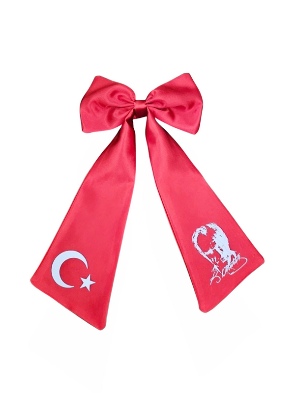 Ay Yıldız Atatürk Baskılı Fiyonklu Kırmızı Saç Tokası