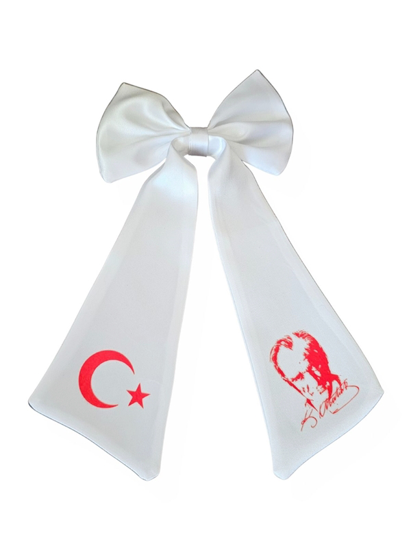 Ay Yıldız Atatürk Baskılı Fiyonklu Beyaz Saç Tokası