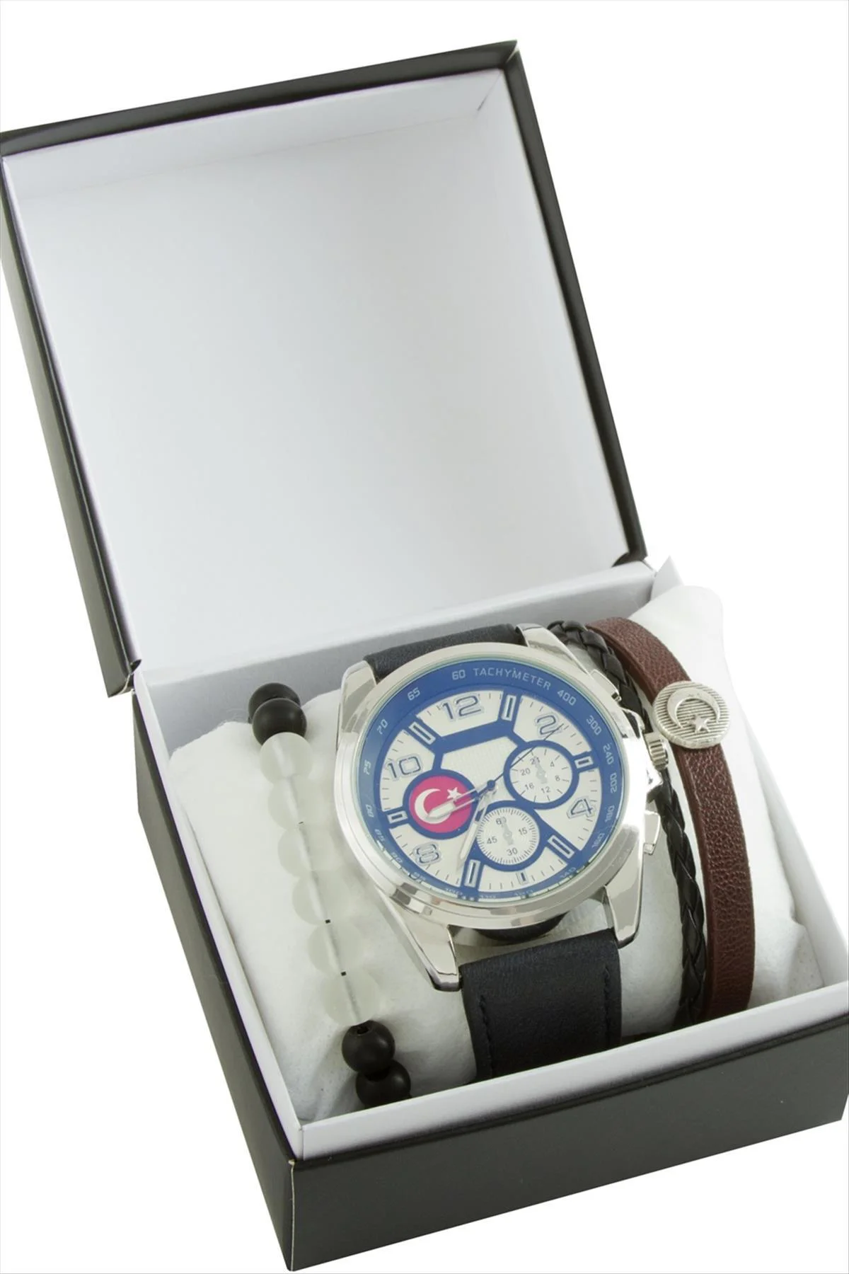 Ay Yıldız Kayışlı Erkek Kol Saati ve Kutulu Bileklik Kombini