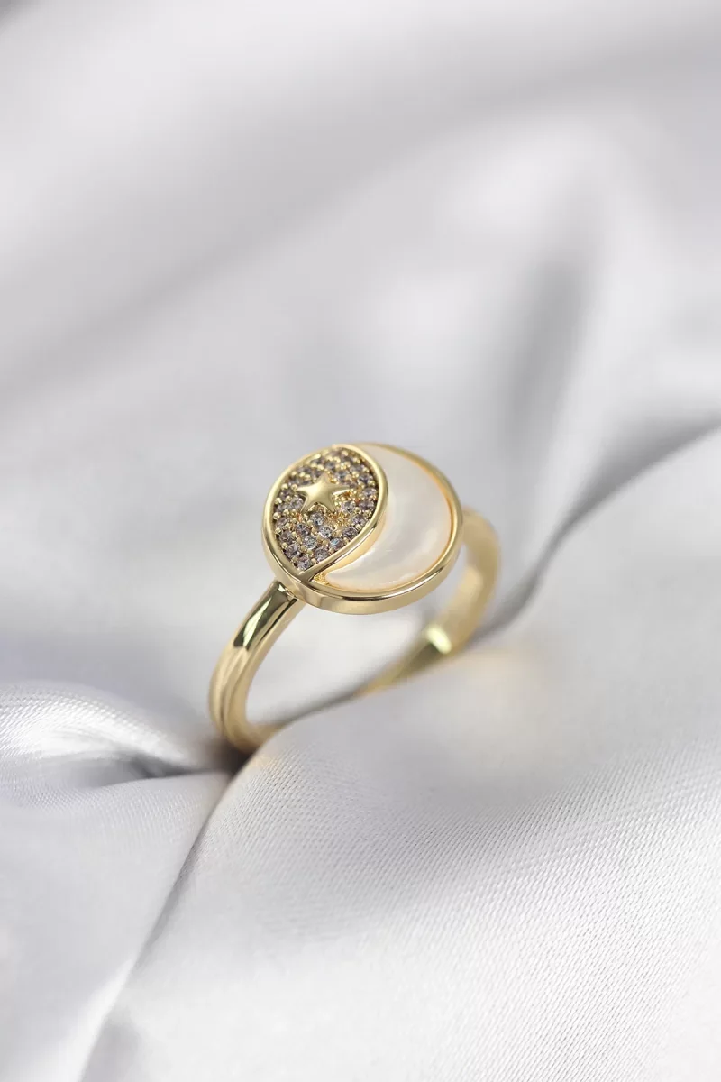 Ay Yıldız Model Gold Renk Zirkon Taşlı Kadın Yüzük - Lisinya