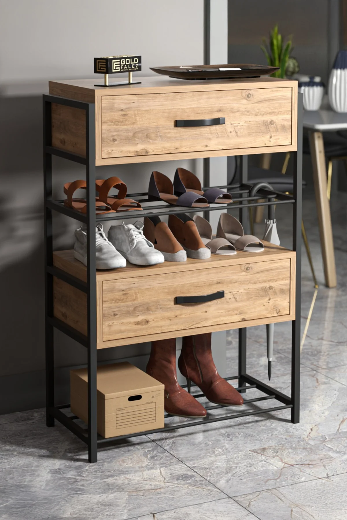 Ayakkabılık Ahşap 2 Kapaklı Metal Raflı 4 Katlı Çok Amaçlı Atlant