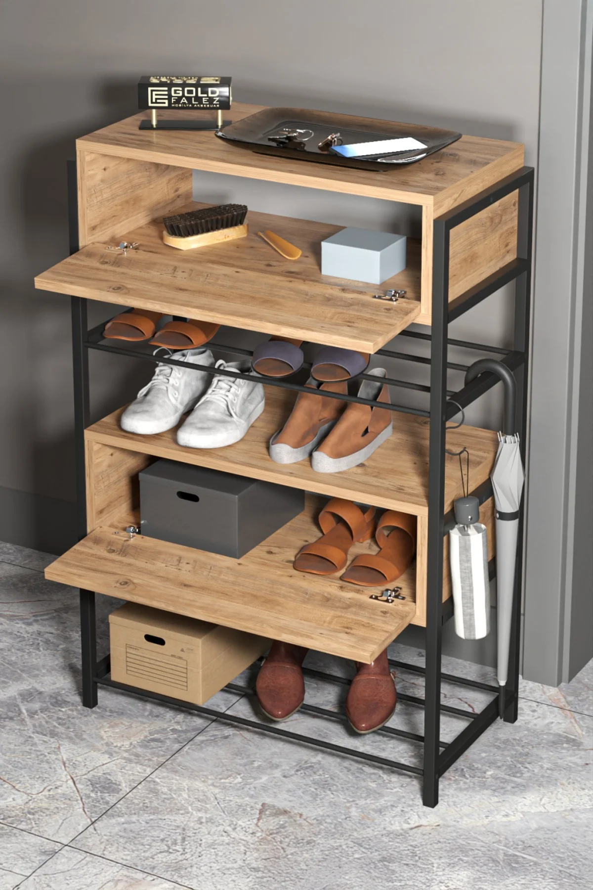 Ayakkabılık Ahşap 2 Kapaklı Metal Raflı 4 Katlı Çok Amaçlı Atlant