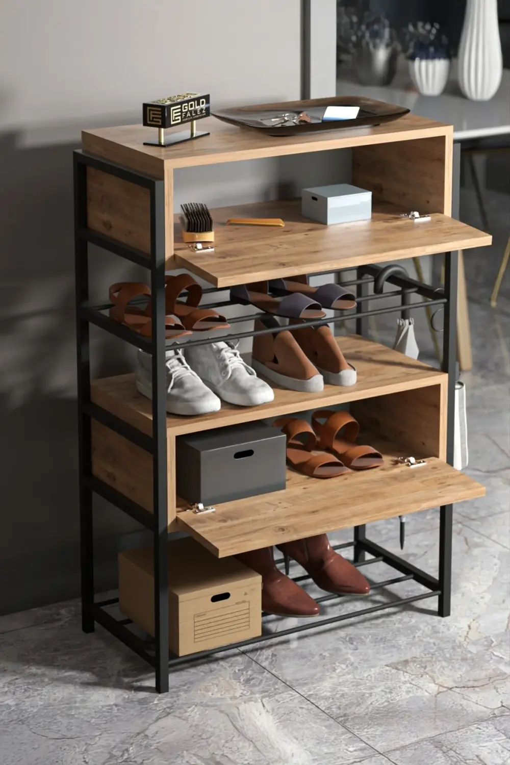 Ayakkabılık Ahşap 2 Kapaklı Metal Raflı 4 Katlı Çok Amaçlı Atlant
