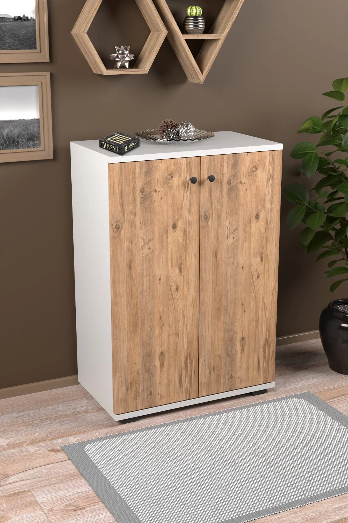 Ayakkabılık Çok Amaçlı Ayakkabı Dolabı 5 Raflı 2 Kapaklı Çam-beya