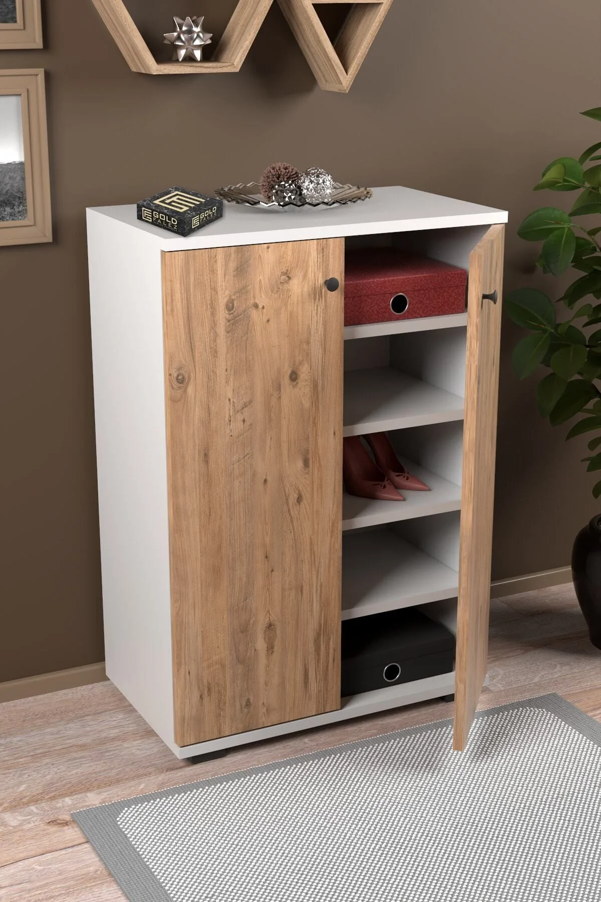 Ayakkabılık Çok Amaçlı Ayakkabı Dolabı 5 Raflı 2 Kapaklı Çam-beya