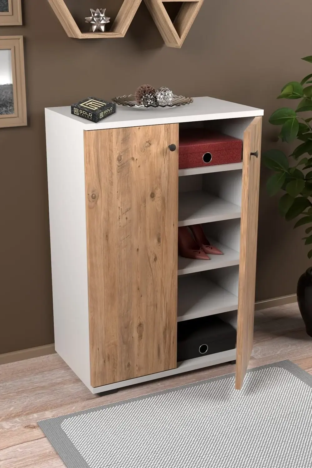 Ayakkabılık Çok Amaçlı Ayakkabı Dolabı 5 Raflı 2 Kapaklı Çam-beya