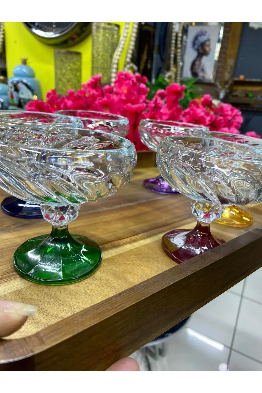 Ayaklı Renkli Cam 6 Lı Kase Çerezlik