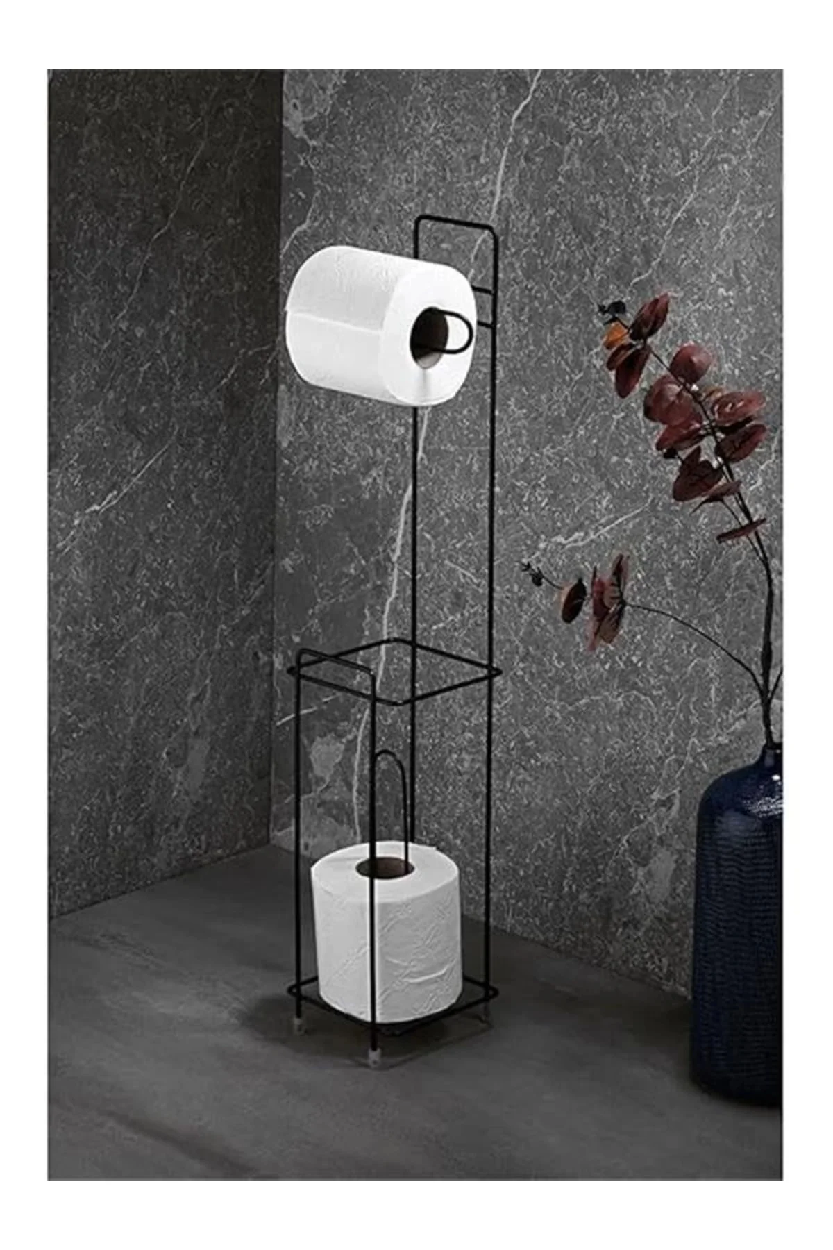Ayaklı Wc Kağıtlı Yedek Kağıt Hazneli Tuvalet Kağıtlığı Siyah