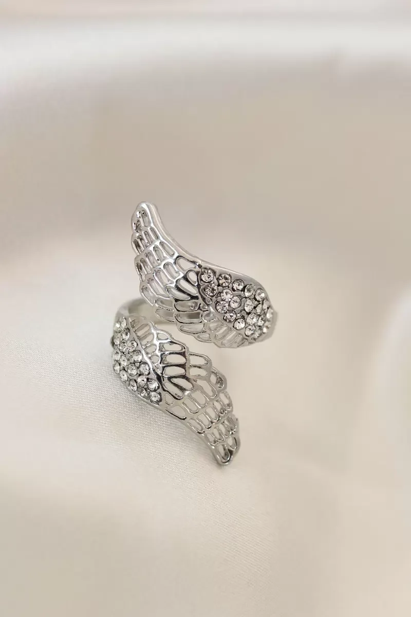 Ayarlamalı Silver Renk Metal Zirkon Taşlı Kanat Yüzük - Lisinya