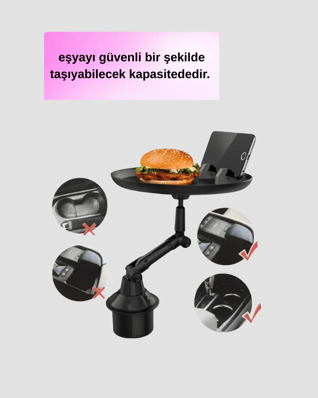Ayarlanabilir Araç İçi Bardaklık Tepsisi 9 İnç Geniş Alan ve Telefon Standlı