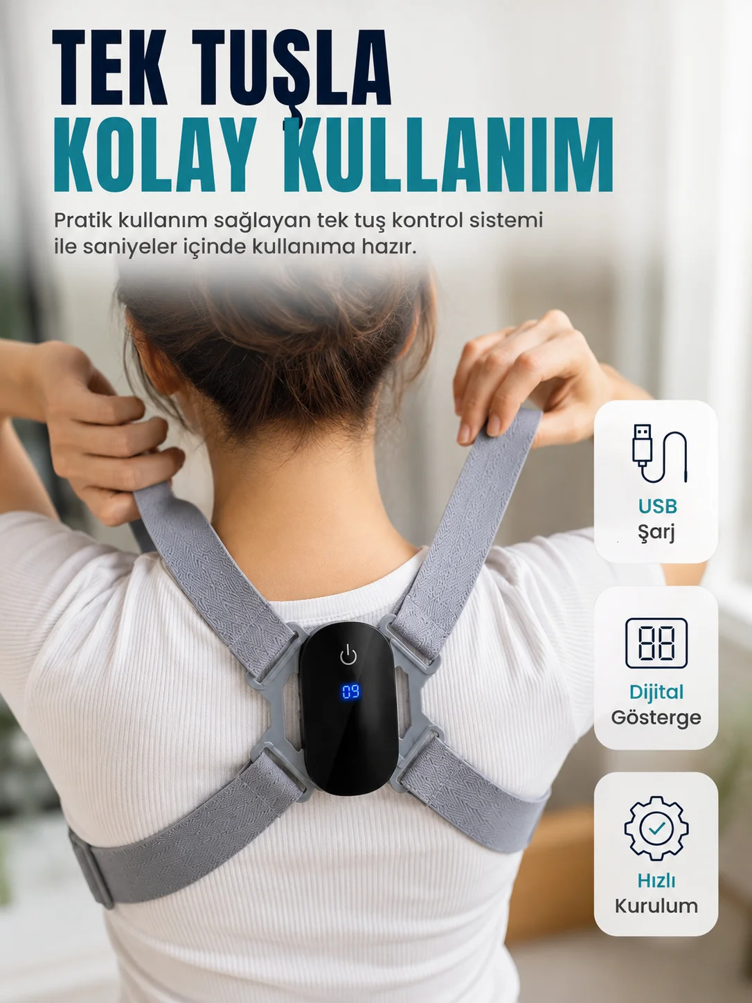 Ayarlanabilir Askılı Akıllı Dik Duruş Destekleyici Dijital Göstergeli Dik Duruş Cihazı