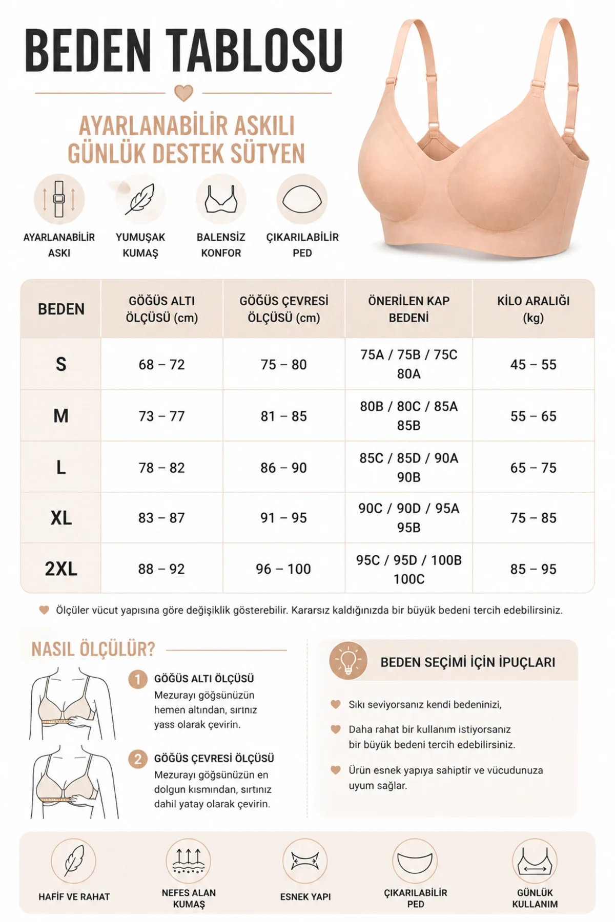 Ayarlanabilir Askılı Günlük Destek Sütyeni | Çıkarılabilir Pedli, Balensiz, Yumuşak ve Esnek Kumaş Ayarlanabilir Askılı Günlük Destek Sütyeni | Çıkarılabilir Pedli, Balensiz, Yumuşak ve Esnek Kumaş