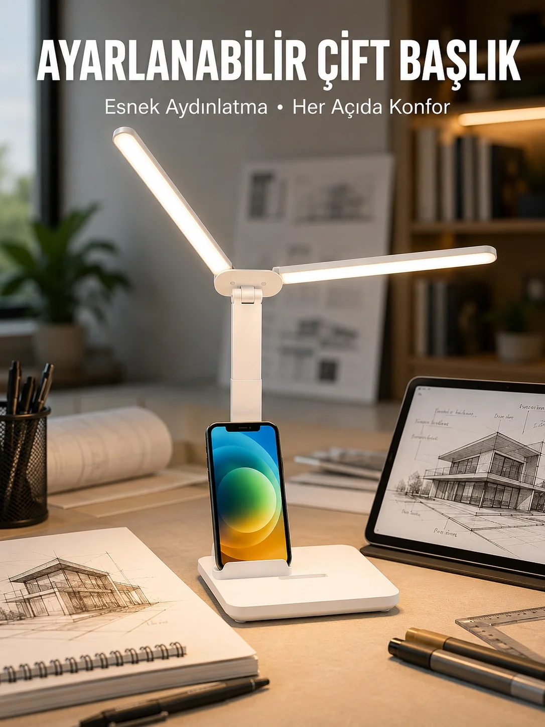 Ayarlanabilir Kısılabilir LED Masa Lambası | Entegre Kalemlik ve Telefon Tutucu Özellikli Yeni Nesil