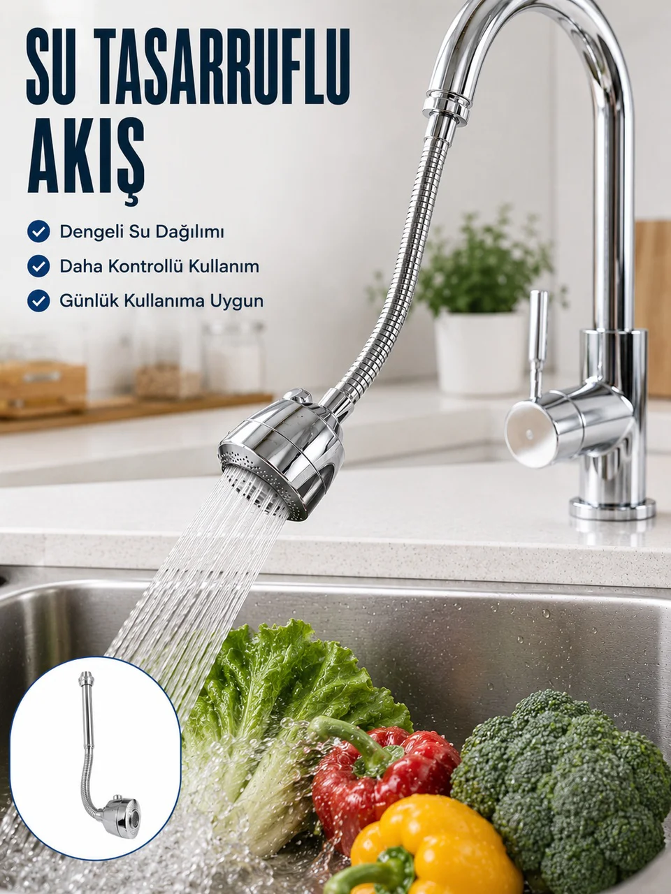 Ayarlanabilir Musluk Başlığı Esnek Spiral Hortumlu Lavabo Uzatma Aparatı - Lisinya