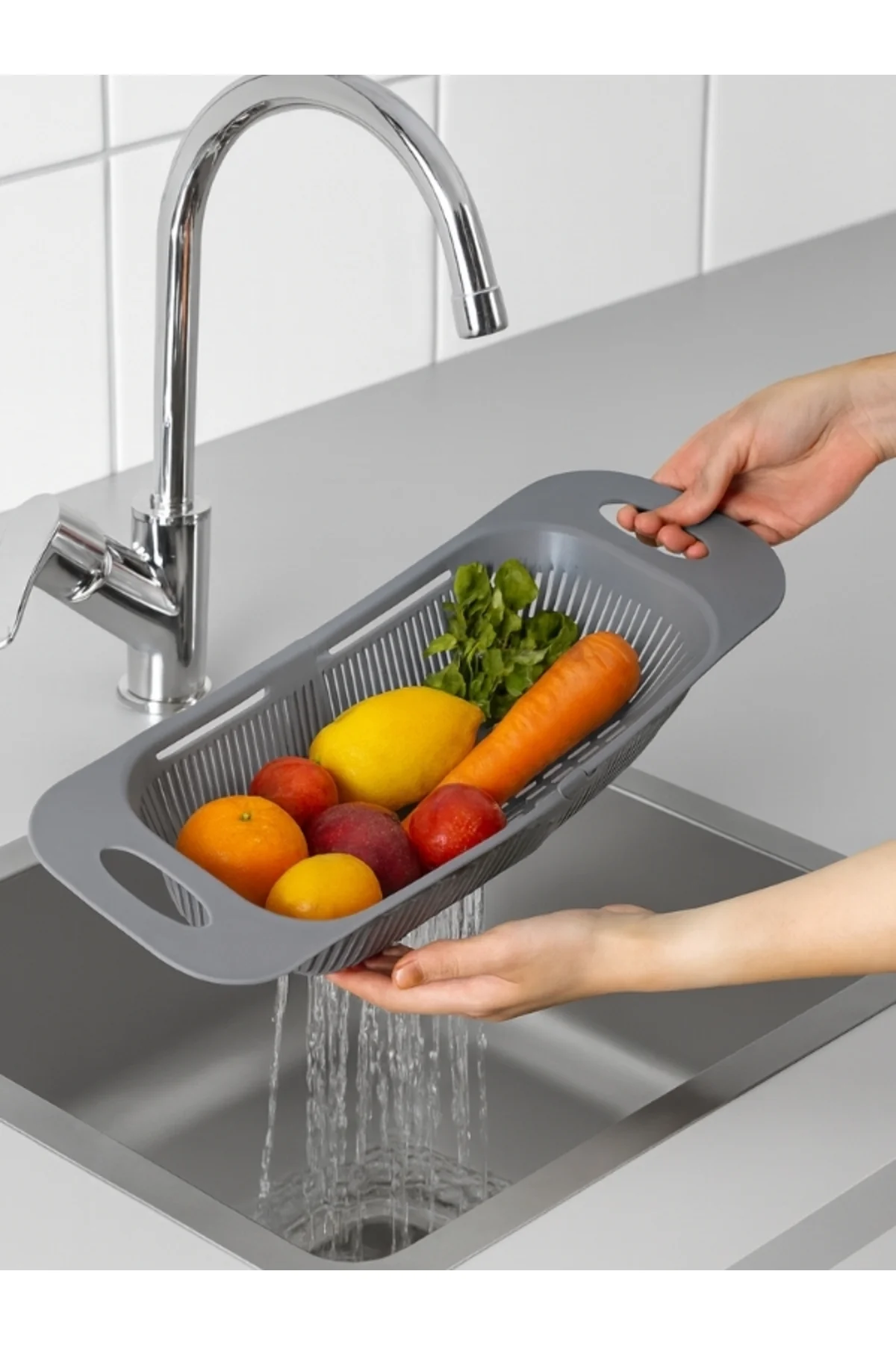 Ayarlanabilir Sürgülü Lavabo Süzgeci, Meyve Sebze Yıkama Süzgeci 