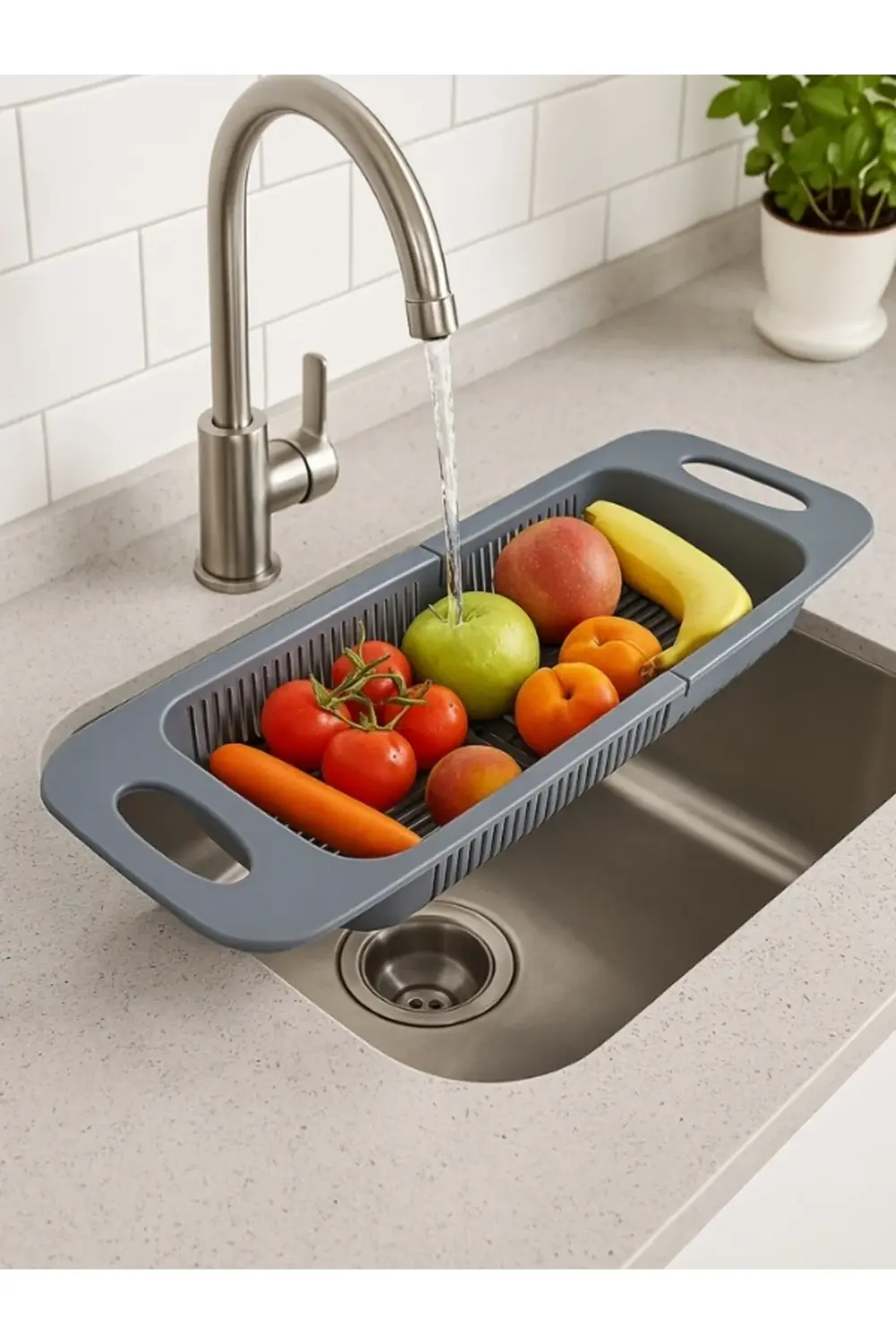 Ayarlanabilir Sürgülü Lavabo Süzgeci, Meyve Sebze Yıkama Süzgeci