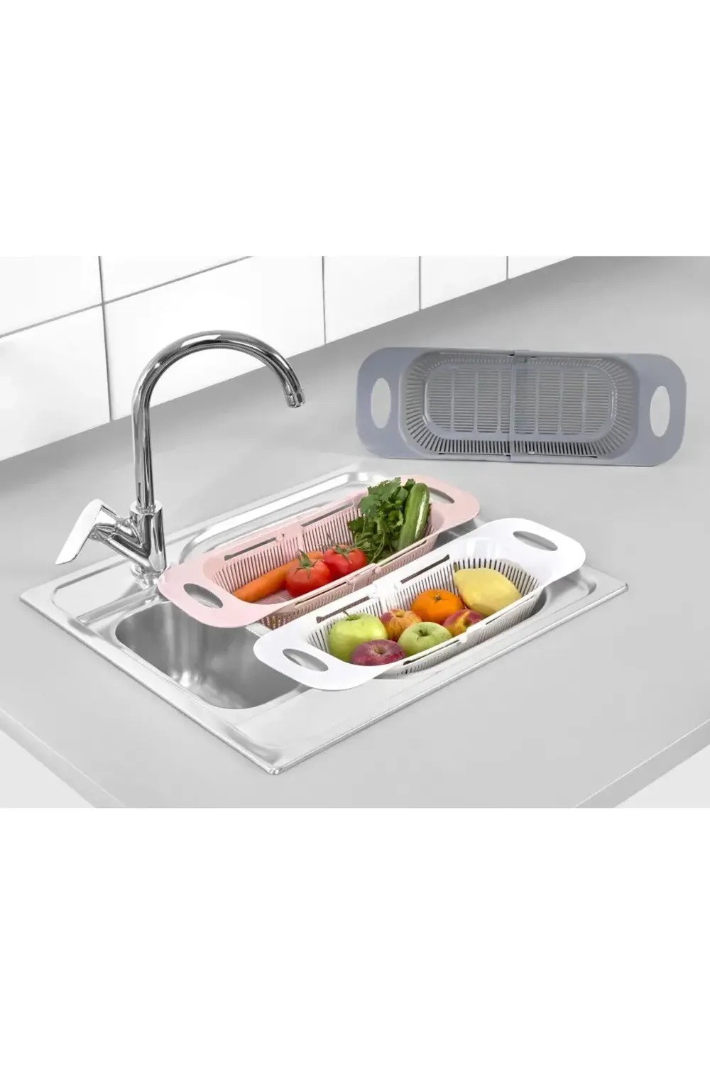 Ayarlanabilir Sürgülü Lavabo Süzgeci, Meyve Sebze Yıkama Süzgeci