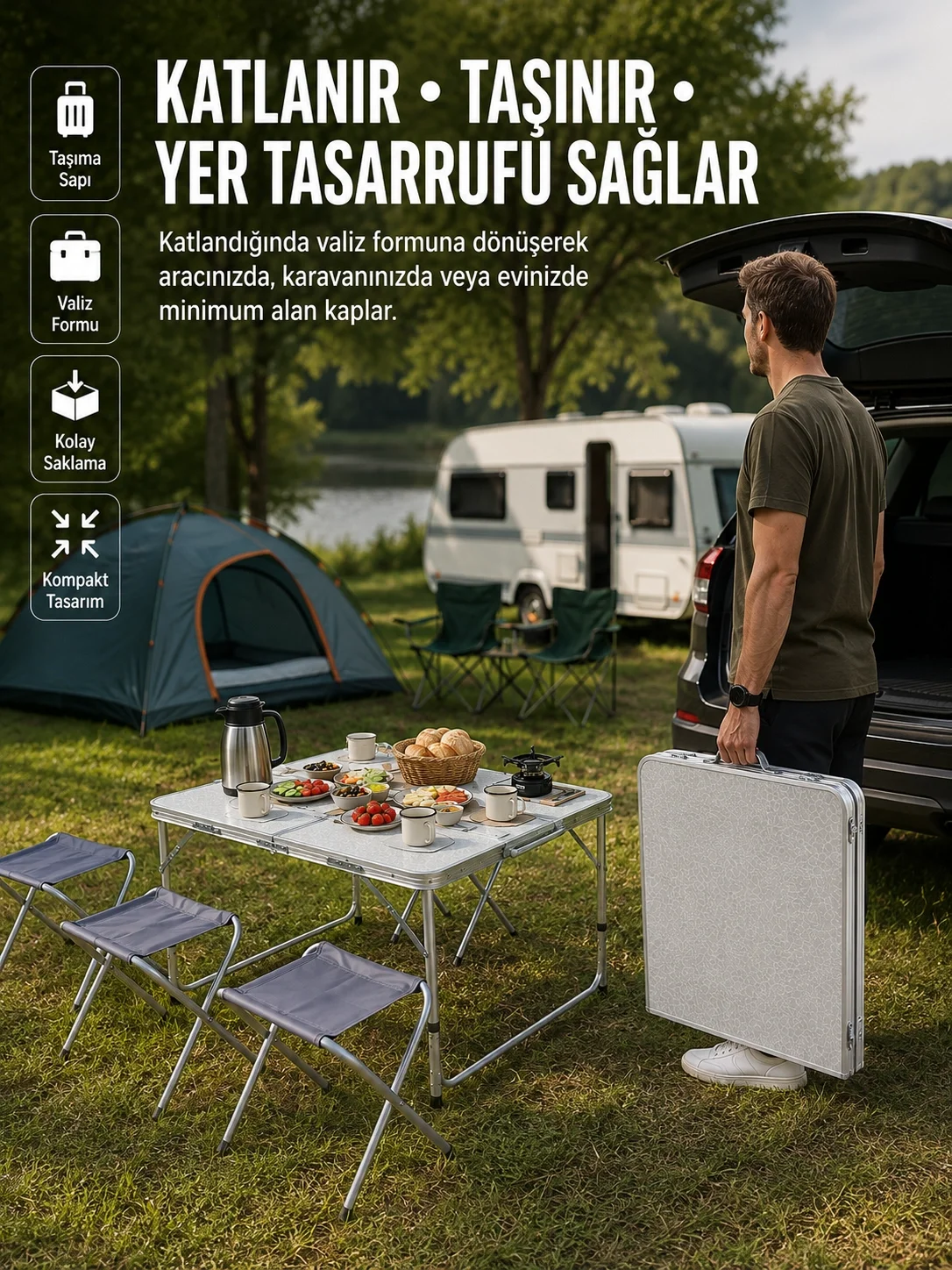 Ayarlanabilir Yükseklikli Kamp ve Piknik Masası 4 Kişilik Katlanabilir Masa Seti