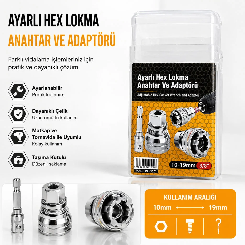 Ayarlı Hex Lokma Anahtar ve Matkap Adaptörü (10-19mm 3/8 Inc ) Ayarlı Hex Lokma Anahtar ve Matkap Adaptörü (10-19mm 3/8 Inc )