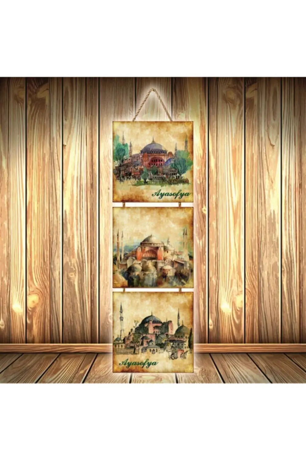 Ayasofya Tasarımlı Üçlü Retro Ahşap Poster Ü522