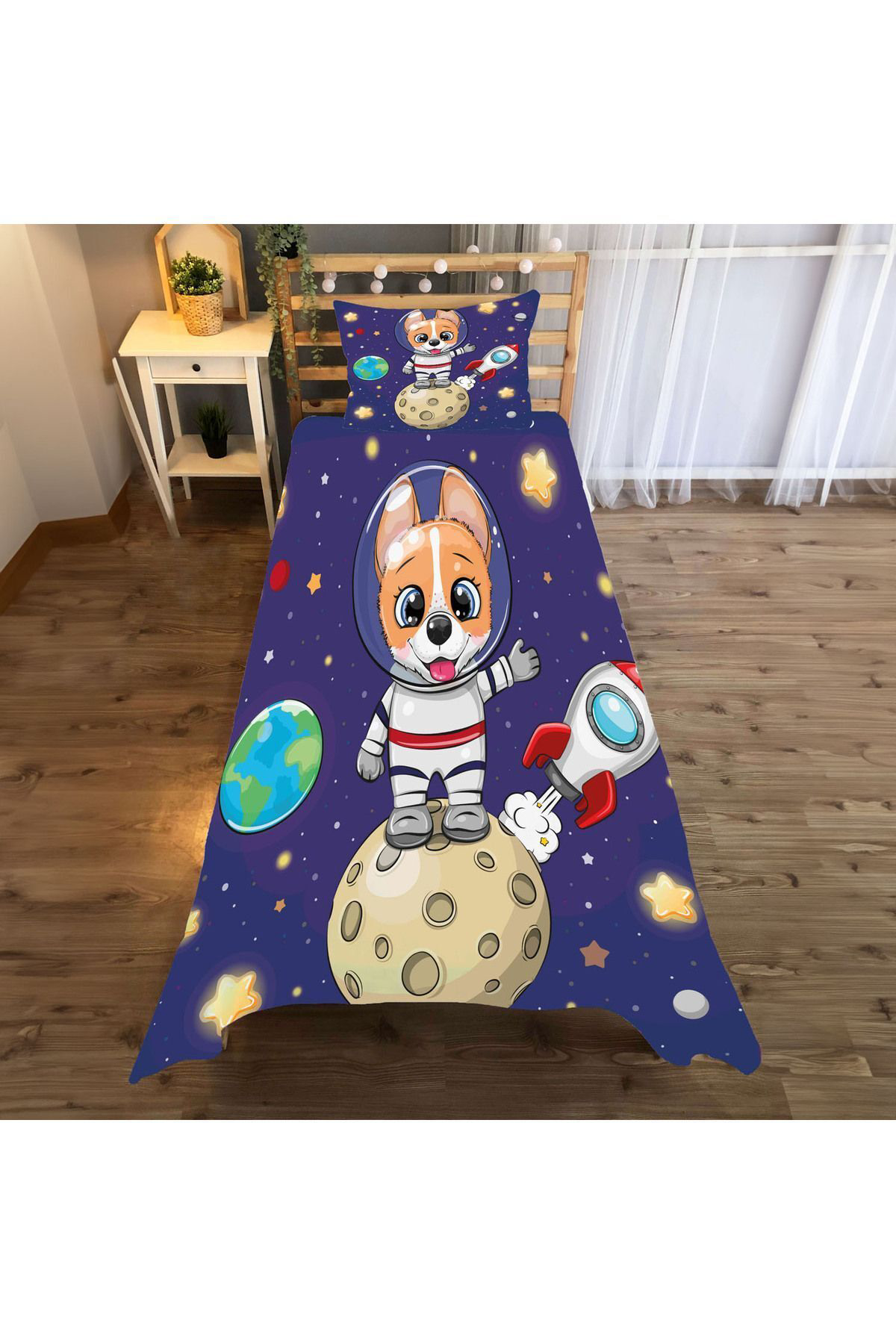 Evan Home Ay'daki Astronot Desenli Yatak Örtüsü Ve Yastık Kılıfı 2Li Takımı