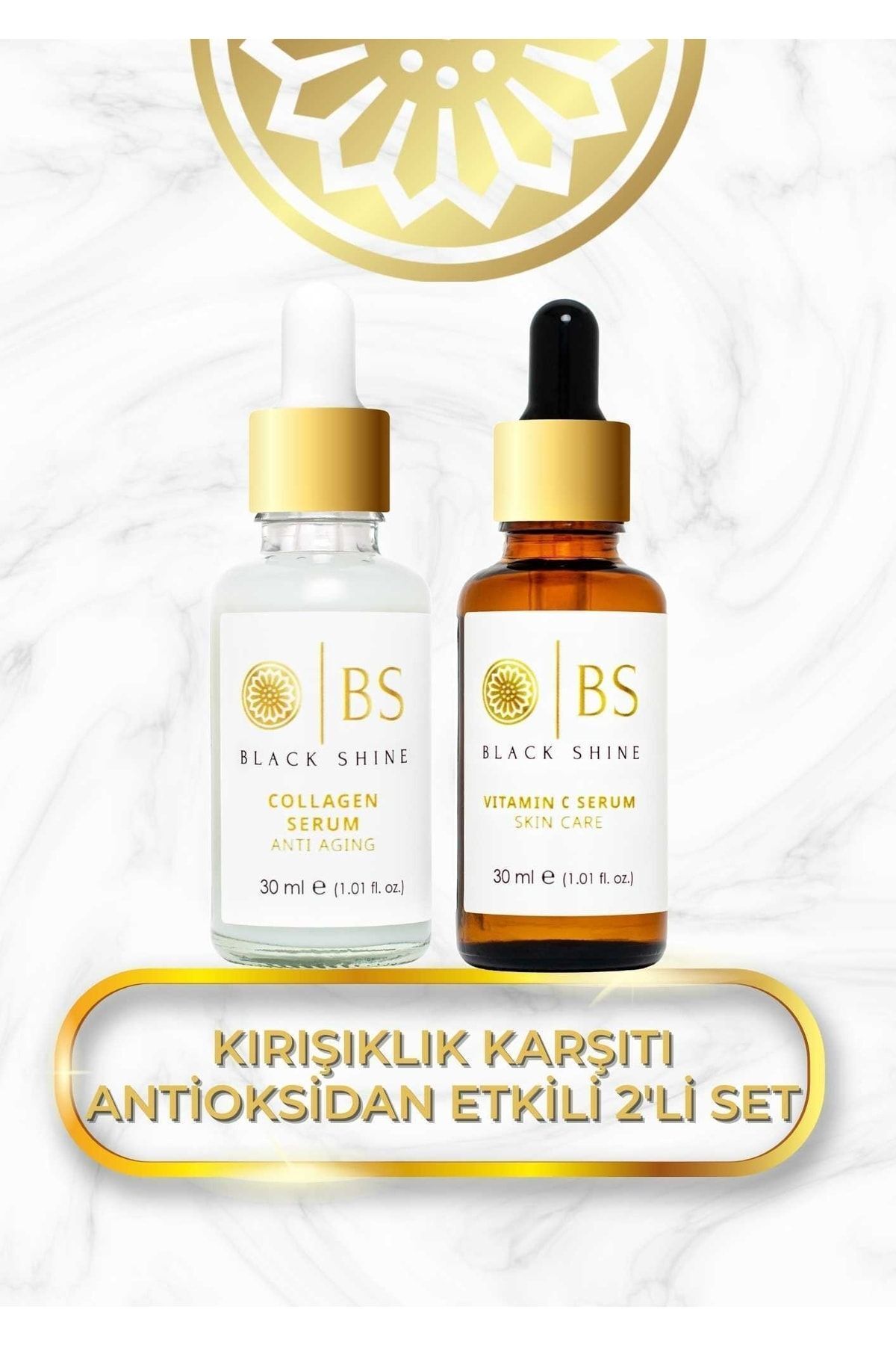 Black Shine Bs Aydinlatici Etkili Parlaklik Veren Kirişiklik Karşiti Set - Kolajen Serum C Vitamini Serum - %20