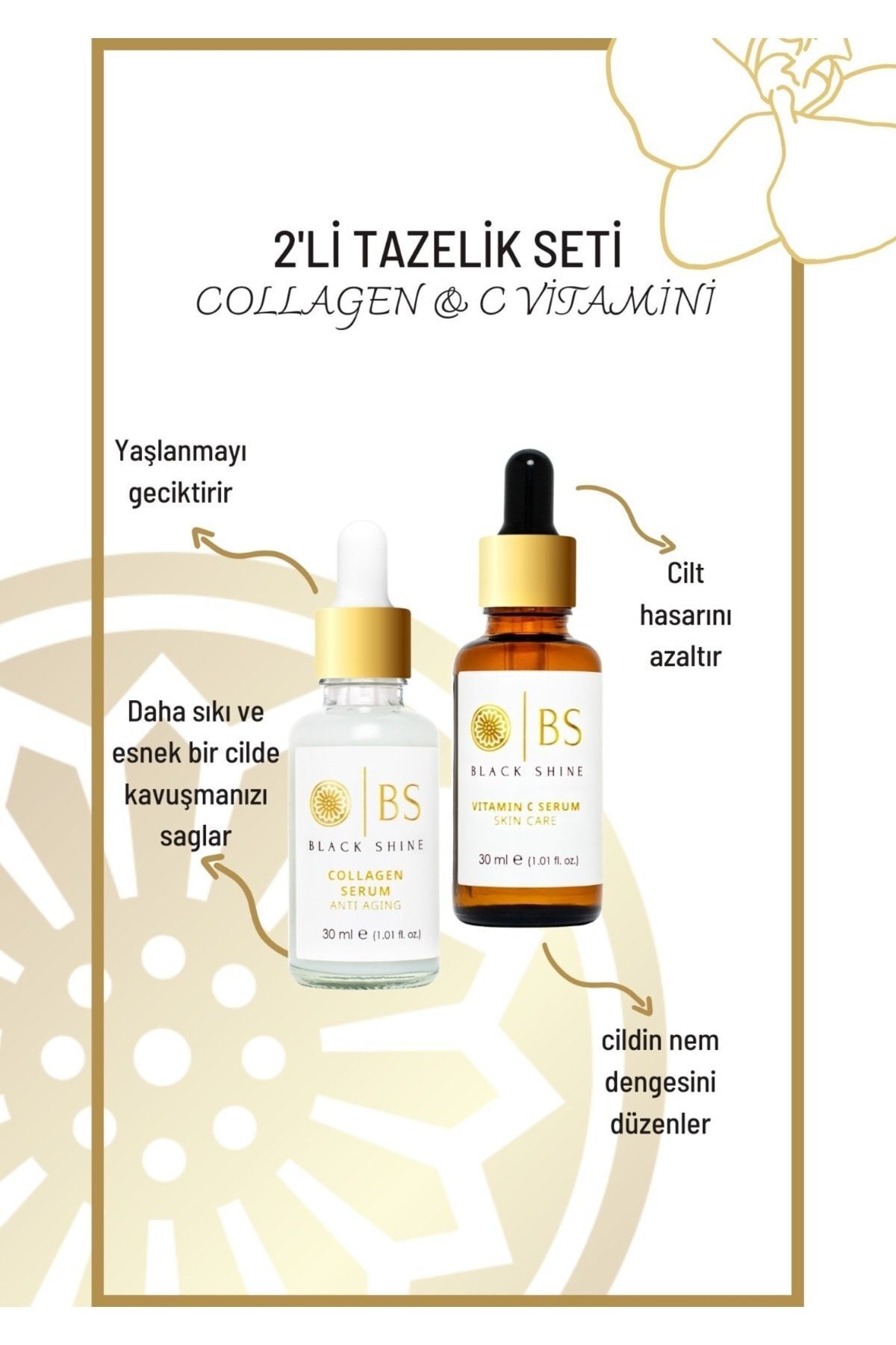 Black Shine Bs Aydinlatici Etkili Parlaklik Veren Kirişiklik Karşiti Set - Kolajen Serum C Vitamini Serum - %20