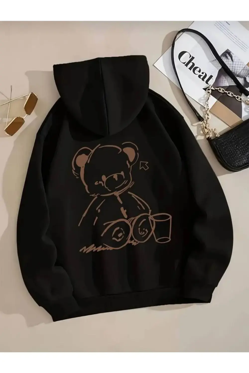 Ayıcık Basılı Oversize Unisex Kapüşonlu Kışlık Kalın Sweatshirt H