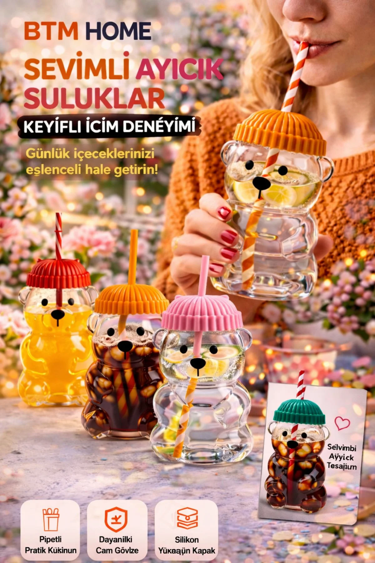 Ayıcık Cam Bardak Pipetli Kapaklı Bear Glass Soğuk İçecek Bardağı 550 ml Sevimli Tasarım Ayıcık Cam Bardak Pipetli Kapaklı Bear Glass Soğuk İçecek Bardağı 550 ml Sevimli Tasarım