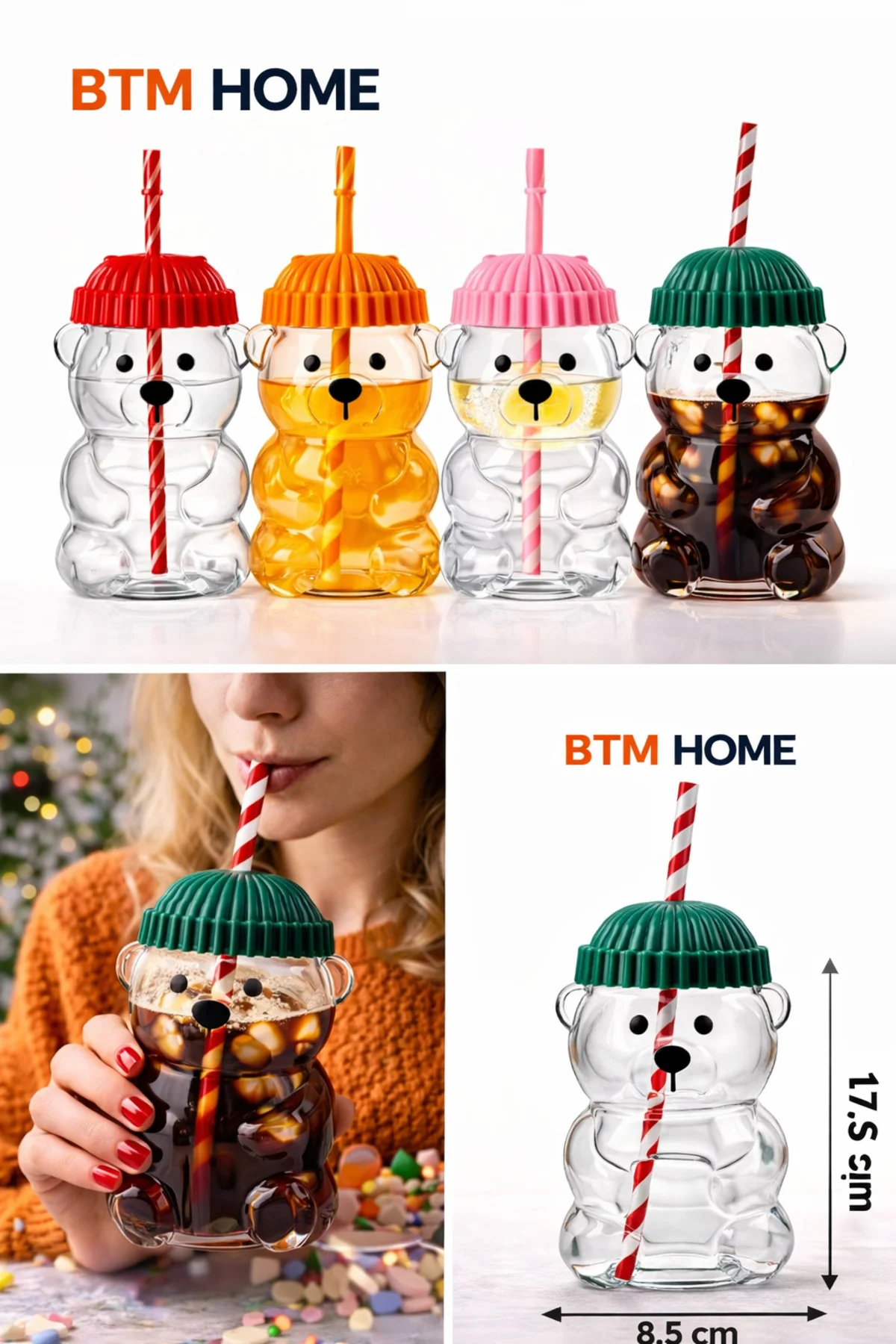 Ayıcık Cam Bardak Pipetli Kapaklı Bear Glass Soğuk İçecek Bardağı 550 ml Sevimli Tasarım Ayıcık Cam Bardak Pipetli Kapaklı Bear Glass Soğuk İçecek Bardağı 550 ml Sevimli Tasarım