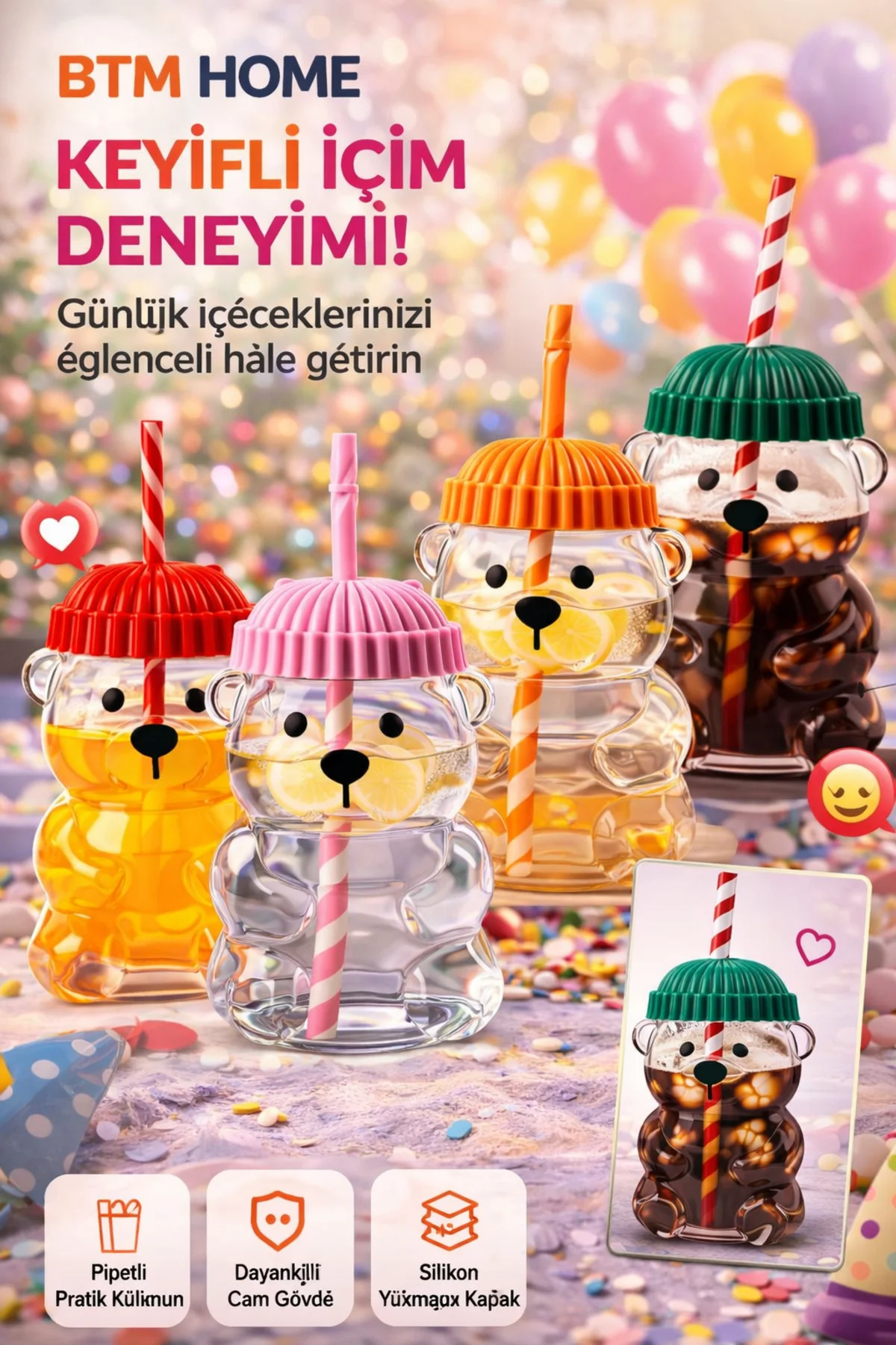 Ayıcık Cam Bardak Pipetli Kapaklı Bear Glass Soğuk İçecek Bardağı 550 ml Sevimli Tasarım Ayıcık Cam Bardak Pipetli Kapaklı Bear Glass Soğuk İçecek Bardağı 550 ml Sevimli Tasarım