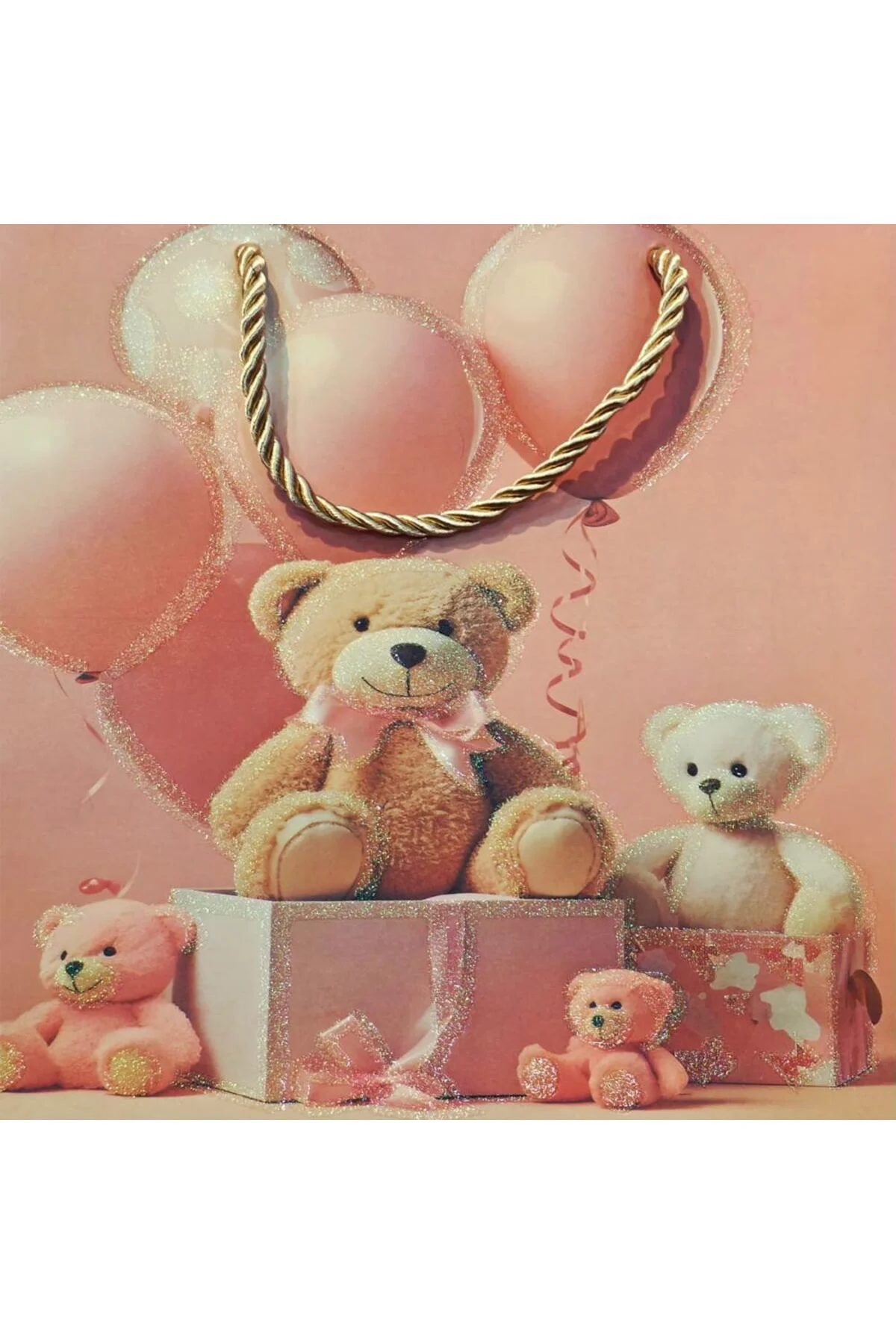 Ayıcık Desenli Pembe Büyük Boy Karton Hediye Çantası