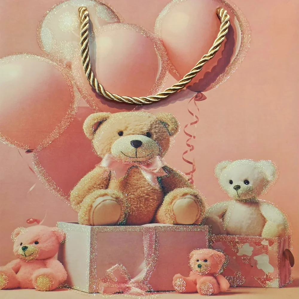 Ayıcık Desenli Pembe Büyük Boy Karton Hediye Çantası