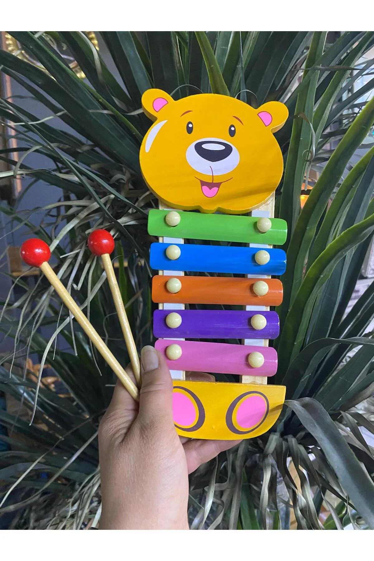 Ayıcık Figürlü 5 Notalı Ahşap Oyuncak Selefon Müzik Aleti