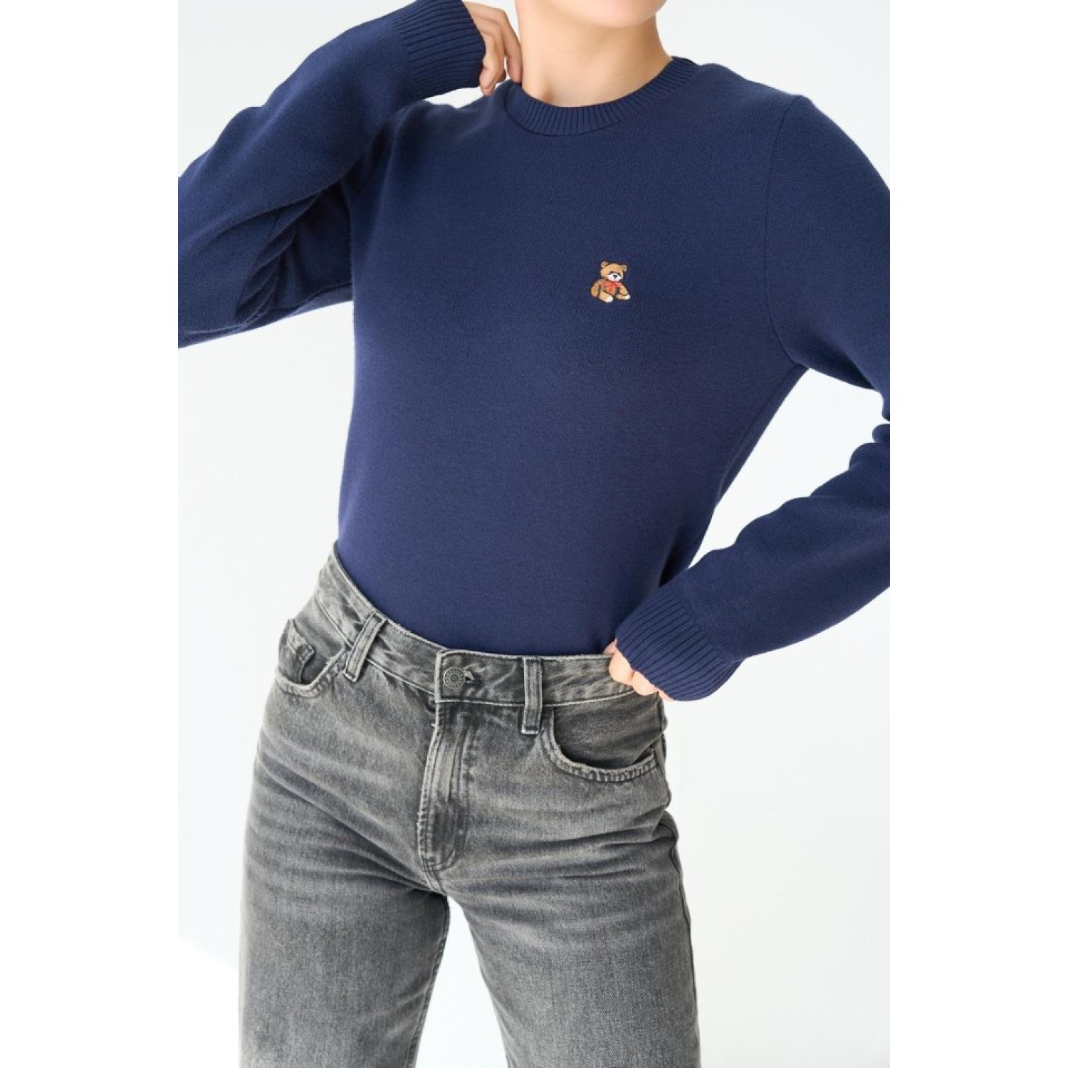 Ayıcık Nakışlı Kazak - Lacivert