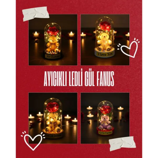 Ayıcıklı Ledli Gül Fanus Dekoratif Masa ve Komodin Lambası