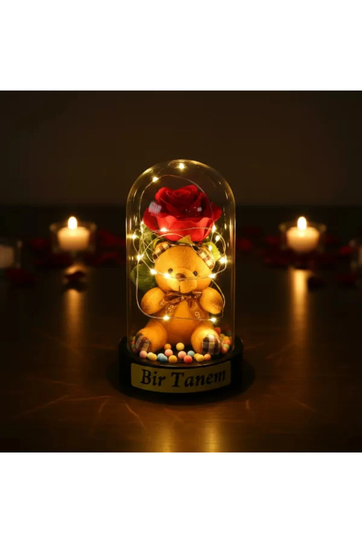Ayıcıklı Ledli Gül Fanus