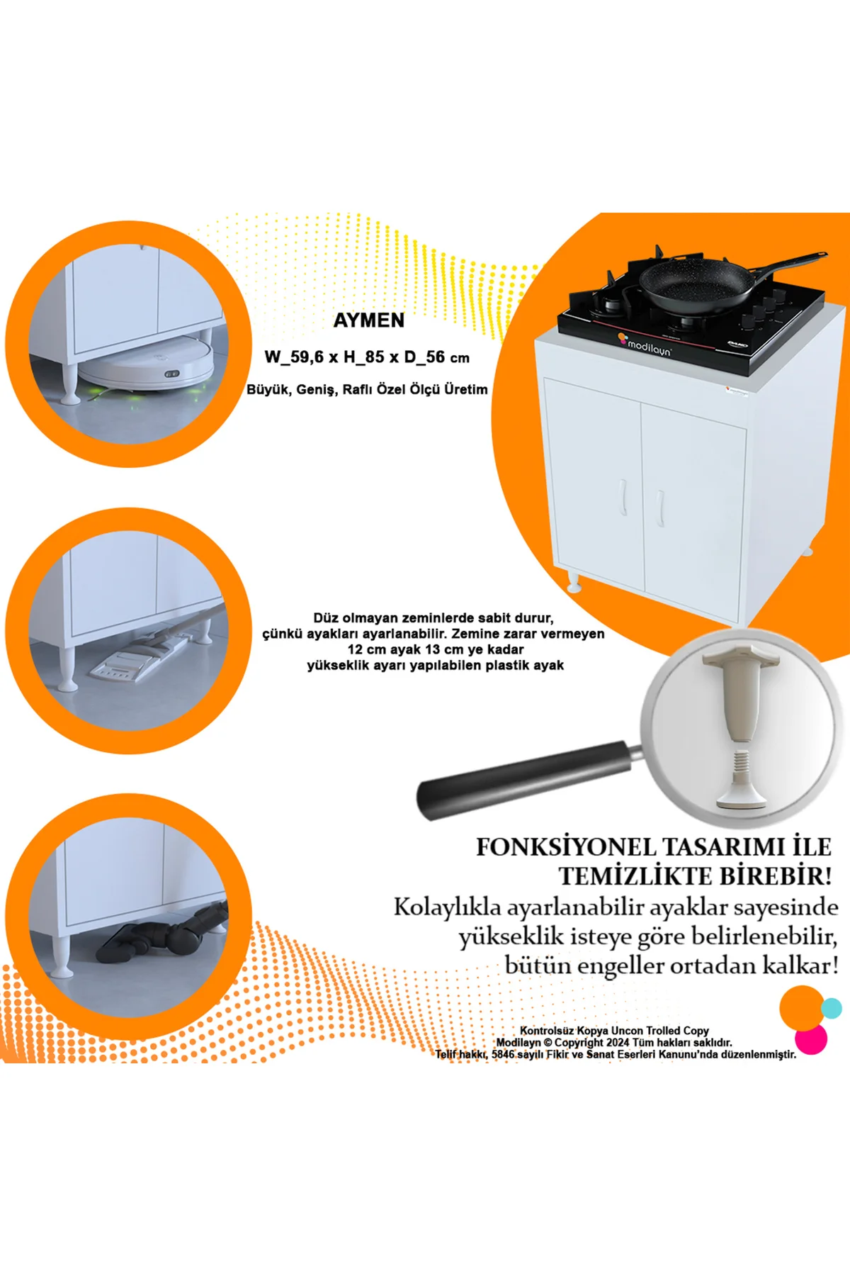 AYMEN 59,6 x 85 x 56 cm Set üstü Ocak Ve Tek Raflı Çok Amaçlı Mut