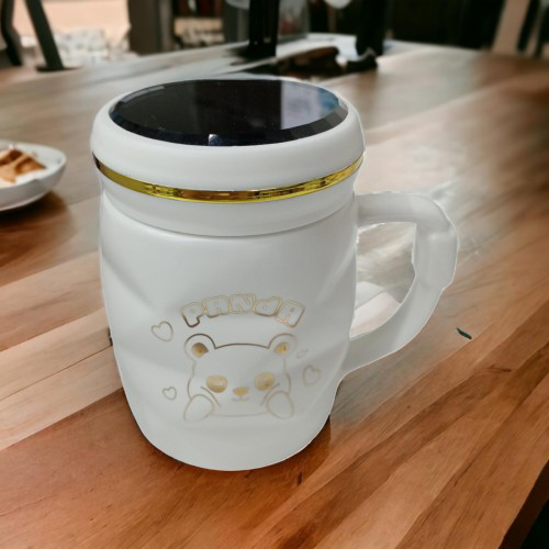 Woody Sofia Ayna Kapaklı Panda Desenli Porselen Kupa Bardak Beyaz Kupa Bardak