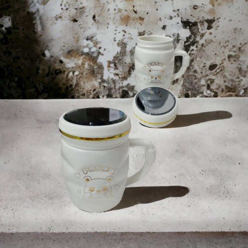 Woody Sofia Ayna Kapaklı Panda Desenli Porselen Kupa Bardak Beyaz Kupa Bardak