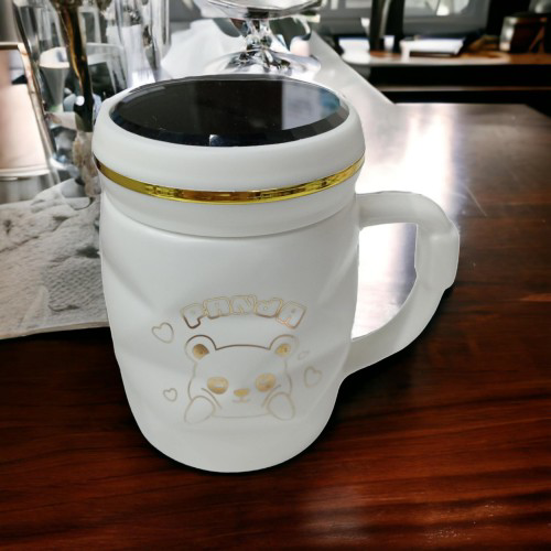 Woody Sofia Ayna Kapaklı Panda Desenli Porselen Kupa Bardak Beyaz Kupa Bardak