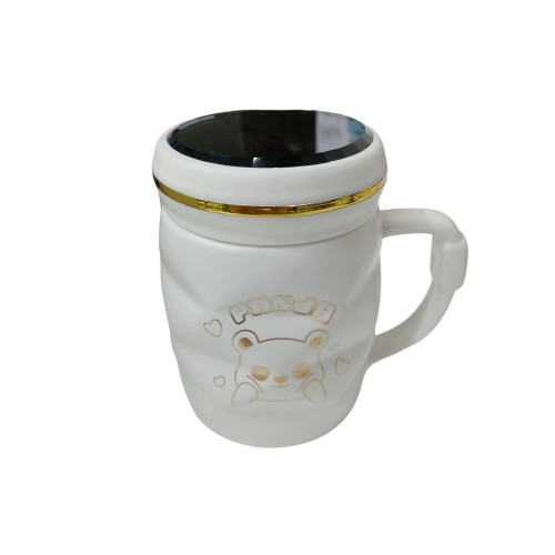 Woody Sofia Ayna Kapaklı Panda Desenli Porselen Kupa Bardak Beyaz Kupa Bardak