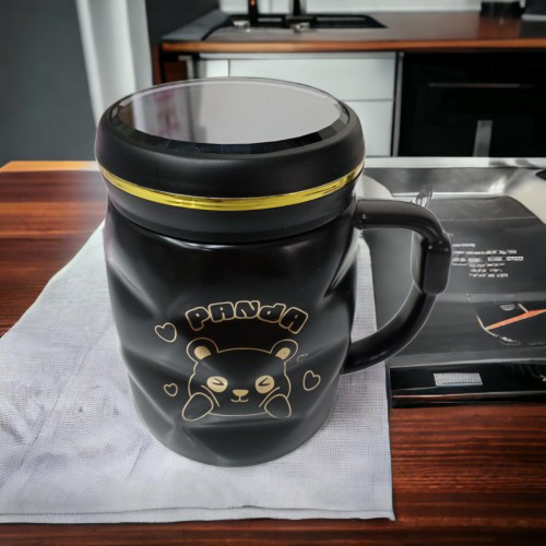 Woody Sofia Ayna Kapaklı Panda Desenli Porselen Kupa Bardak Siyah Kupa Bardak