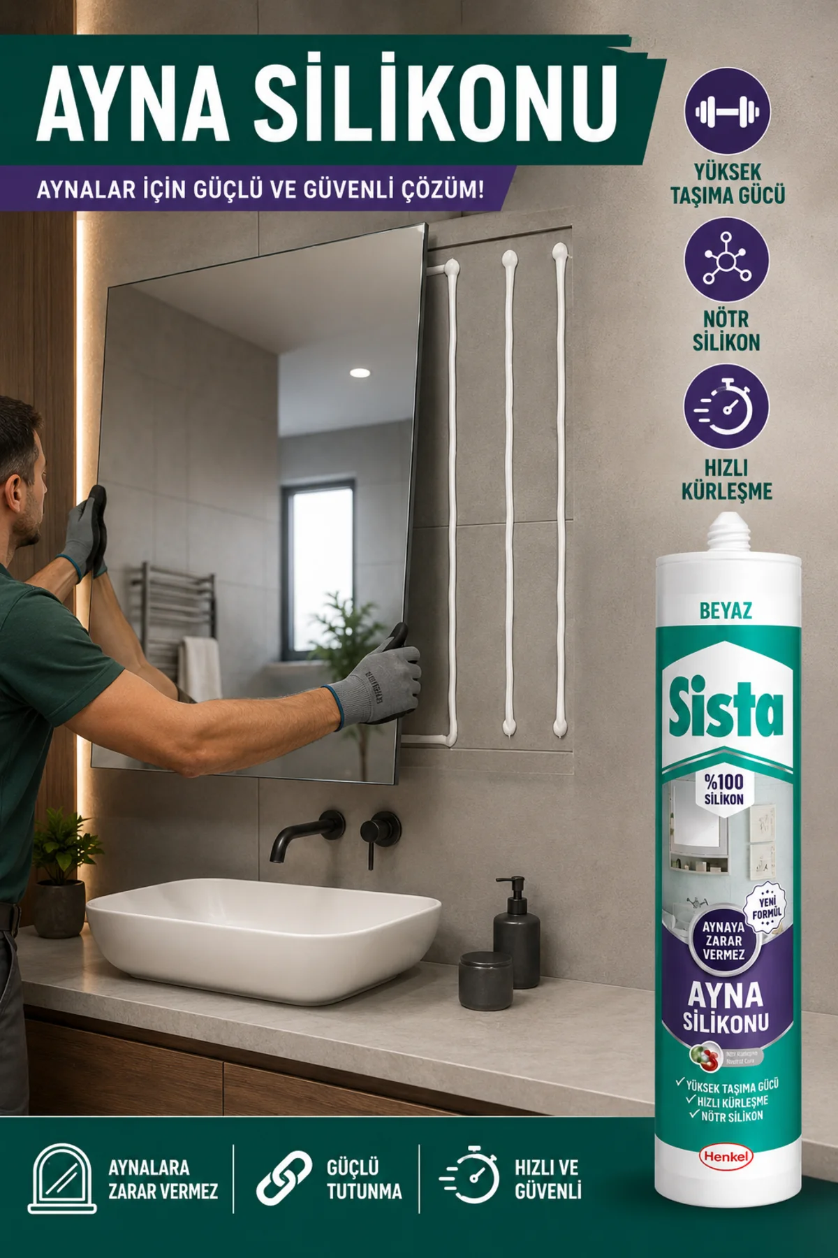Ayna Silikonu Beyaz %100 Silikon Nötr Kürleşmeli Güçlü Yapıştırıc