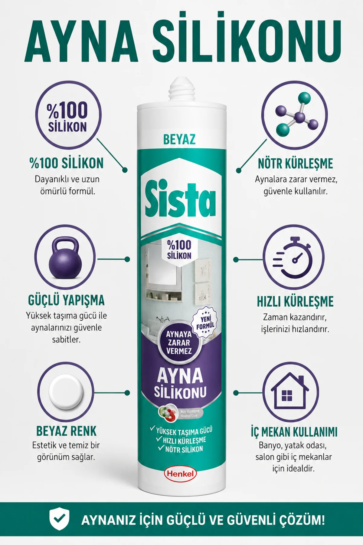Ayna Silikonu Beyaz %100 Silikon Nötr Kürleşmeli Güçlü Yapıştırıc
