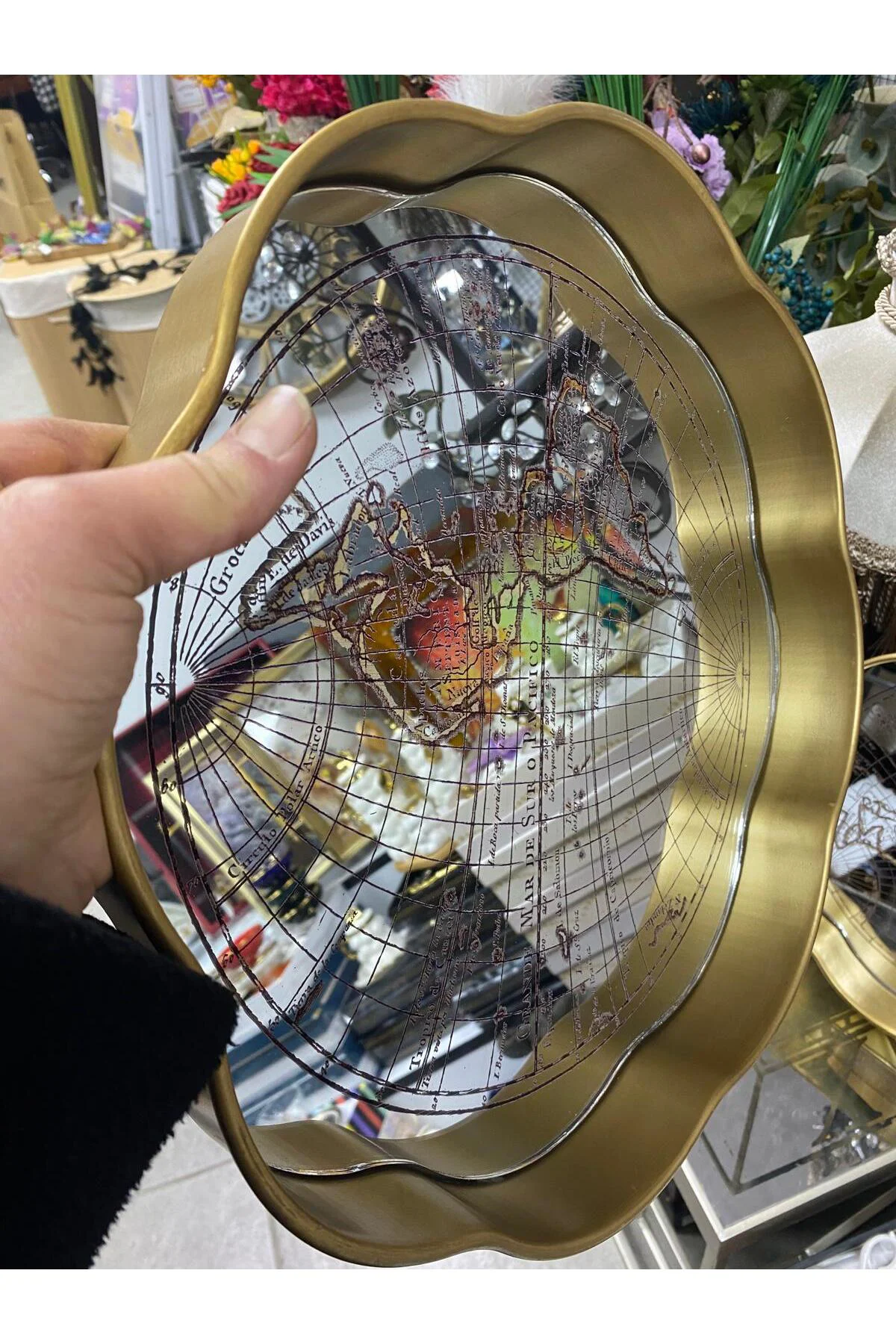 Aynalı 2 Li Dekoratif Tepsi Harita Desenli 34cm-35cm