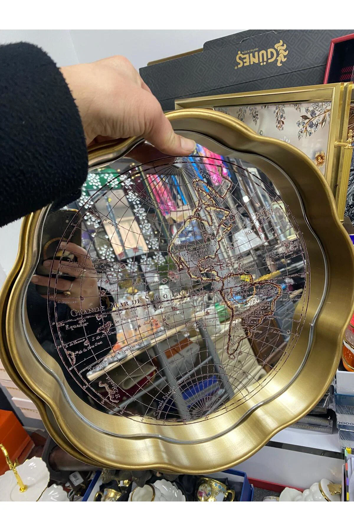 Aynalı 2 Li Dekoratif Tepsi Harita Desenli 34cm-35cm
