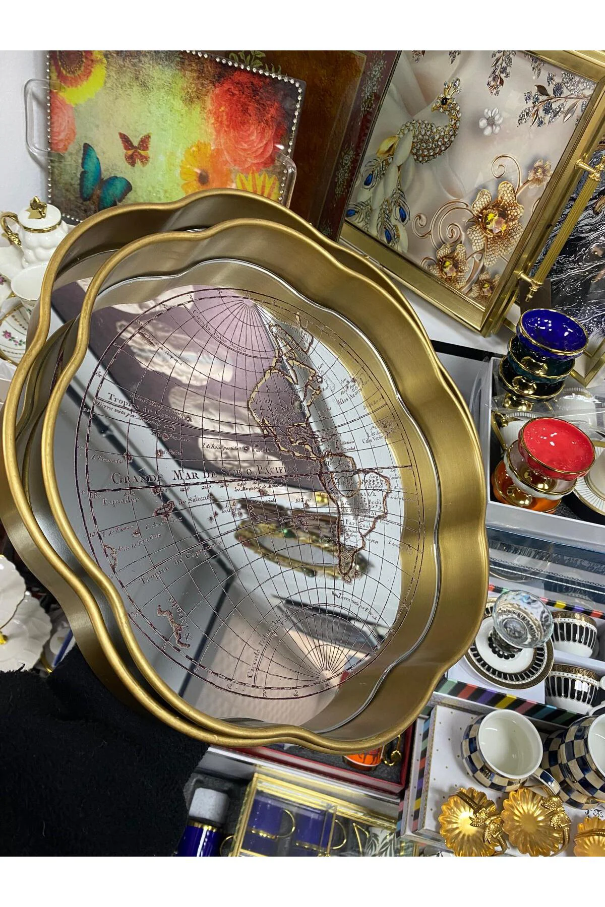 Aynalı 2 Li Dekoratif Tepsi Harita Desenli 34cm-35cm